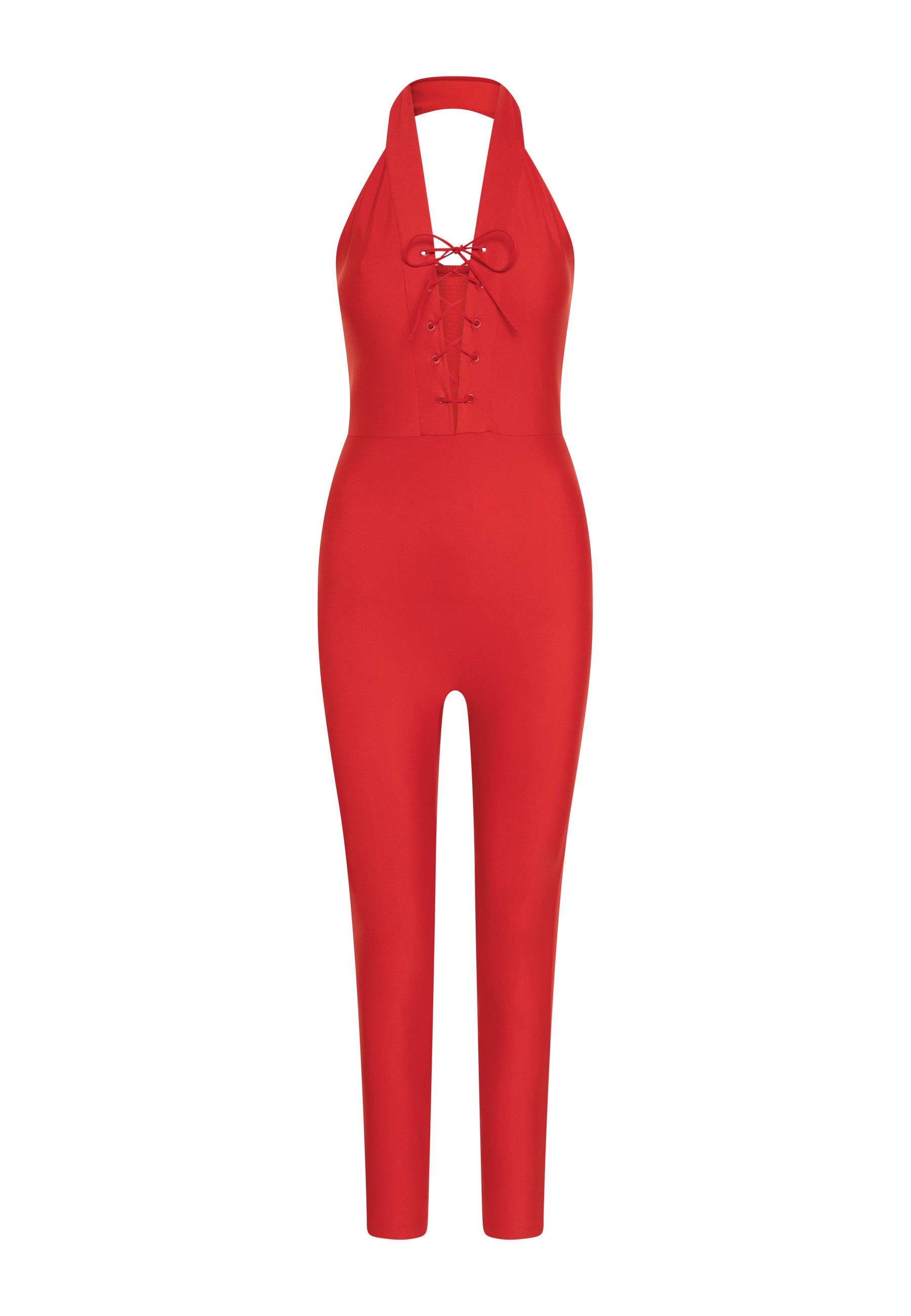 Lucia Jumpsuit in Rot von Esmeralda: Roter Neckholder mit Schnürung vorne und taillierter Silhouette für modische Fitness.